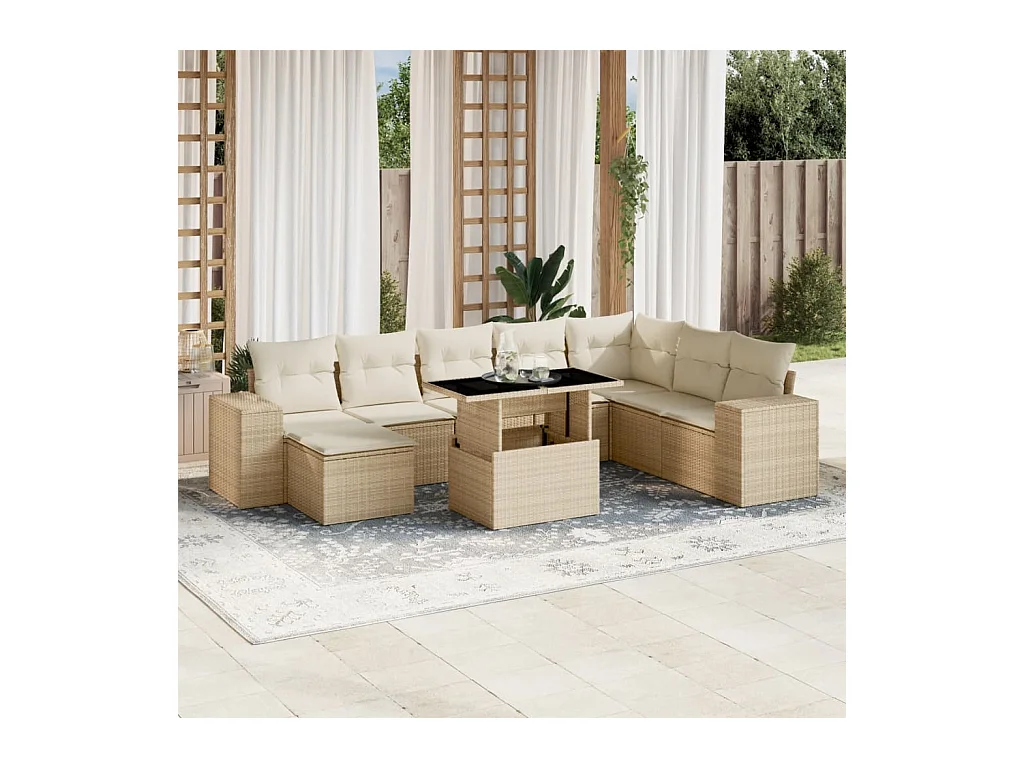 Salon de jardin avec coussins 9 pièces beige résine tressée