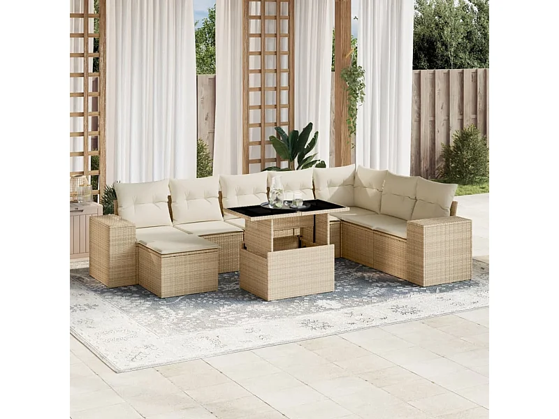 Set de sofás de jardín 9 piezas con cojines ratán sintético beige