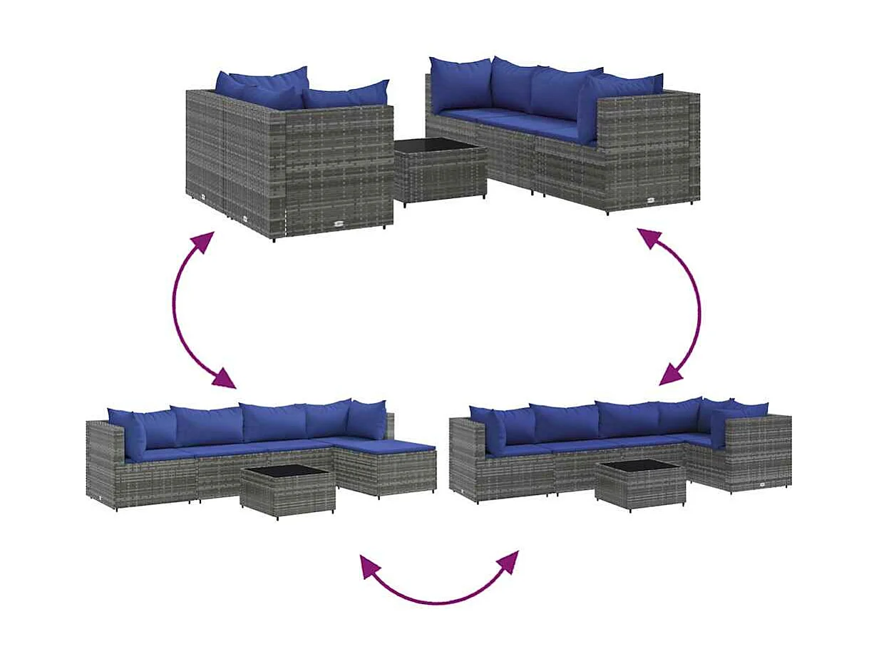 Salon de jardin 6 pièces avec coussins Gris Résine tressée