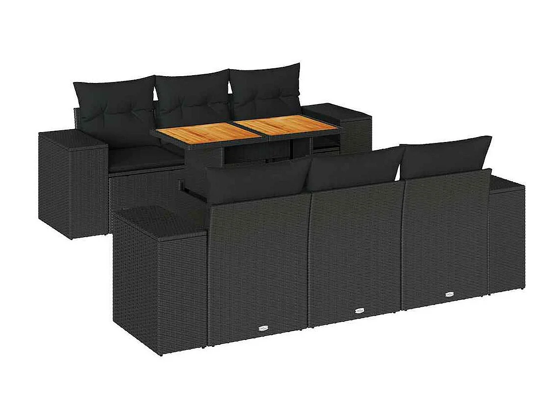 Salon de jardin 7 pièces avec coussins noir résine tressée
