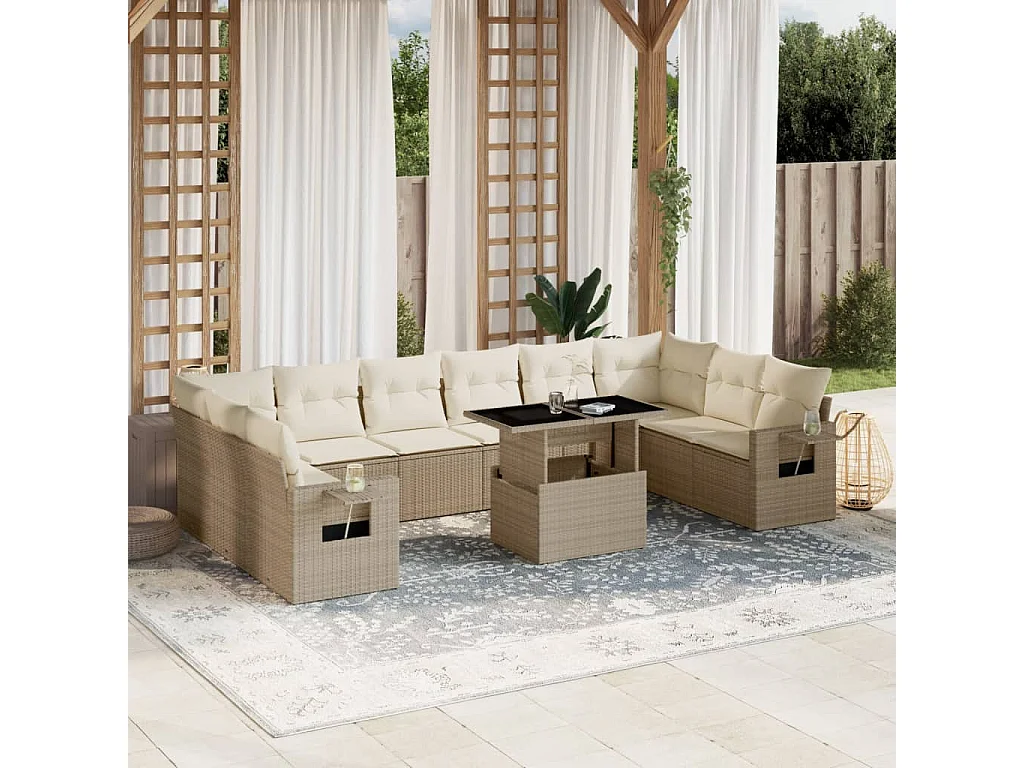 Salon de jardin 11 pièces avec coussins beige résine tressée