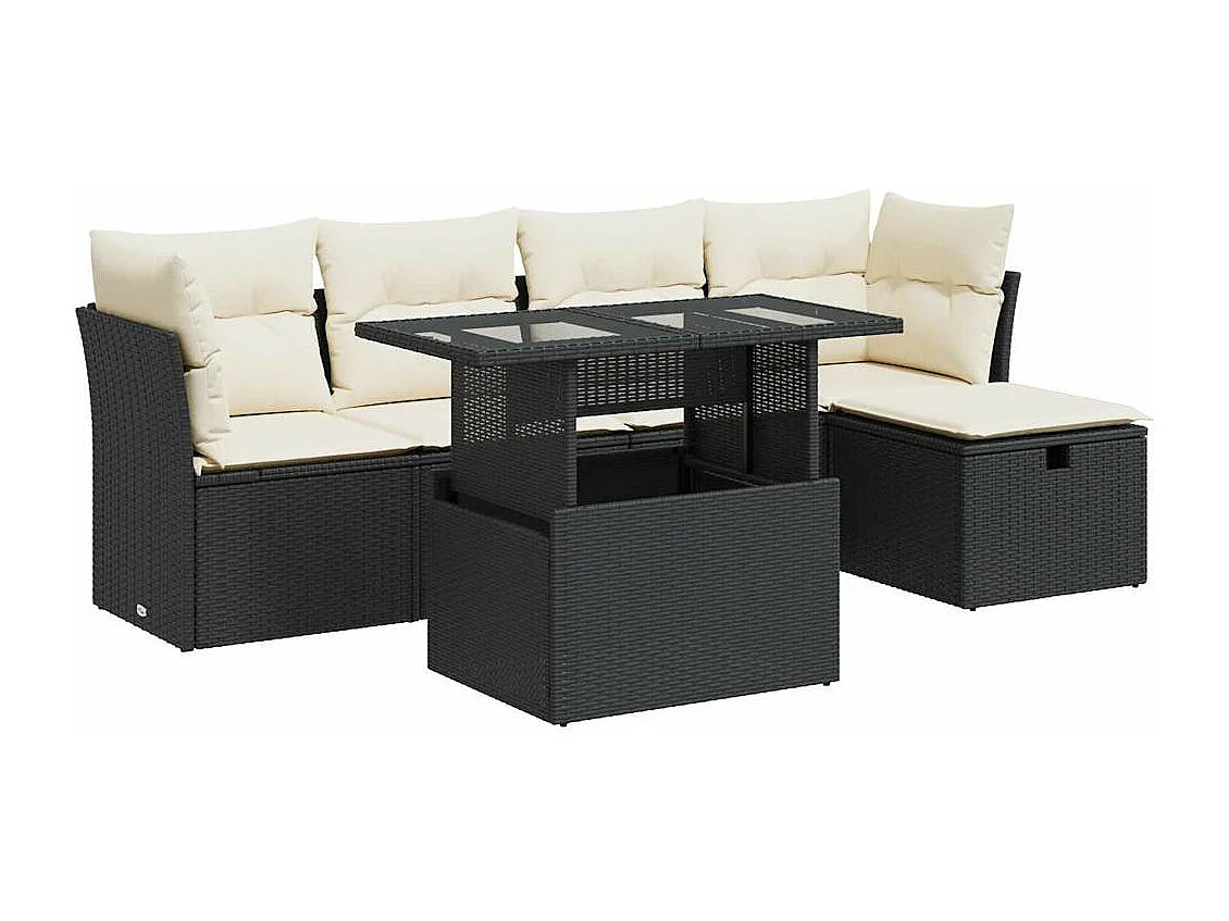 6-delige Loungeset met kussens poly rattan zwart