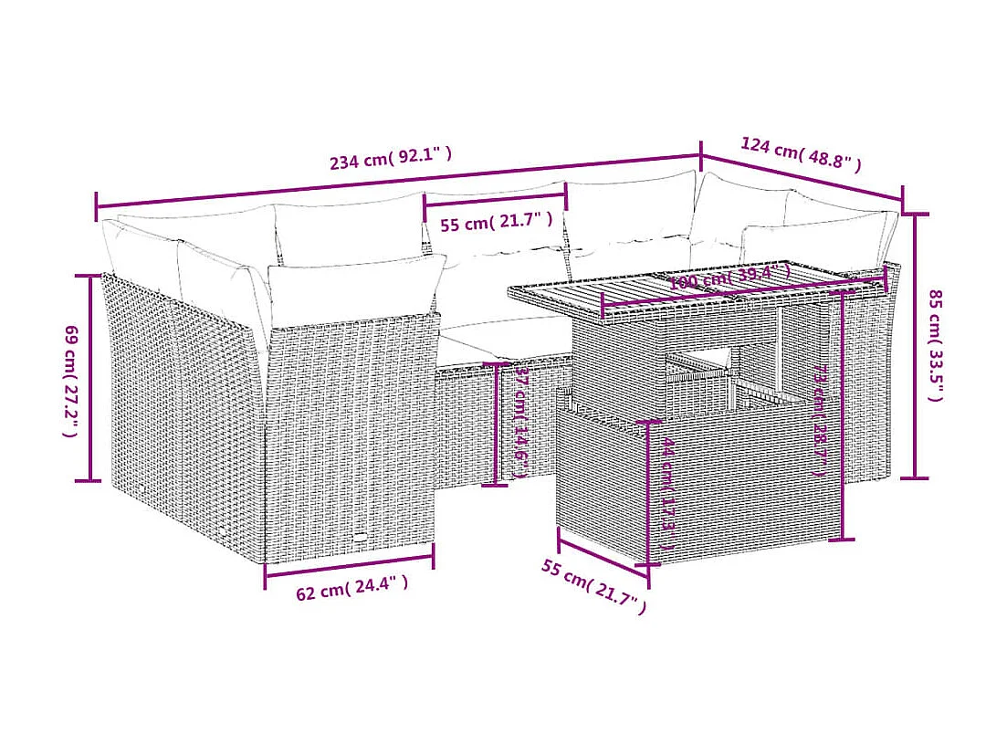 Salon de jardin avec coussins 7 pièces beige résine tressée