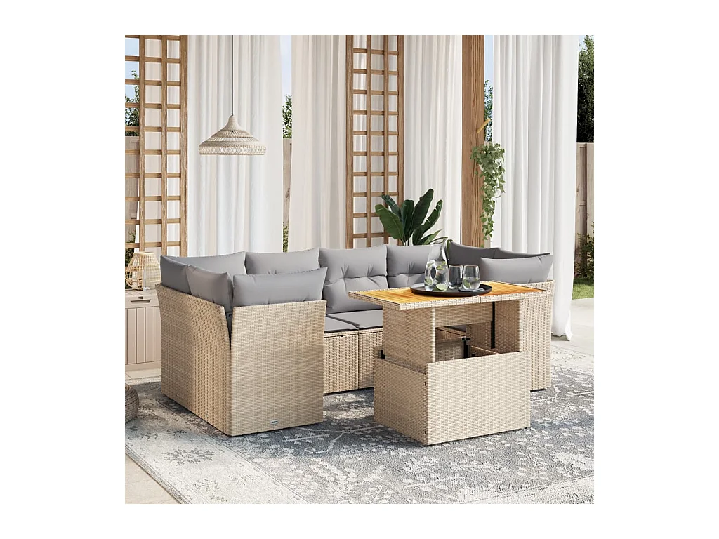 7-delige Loungeset met kussens poly rattan beige