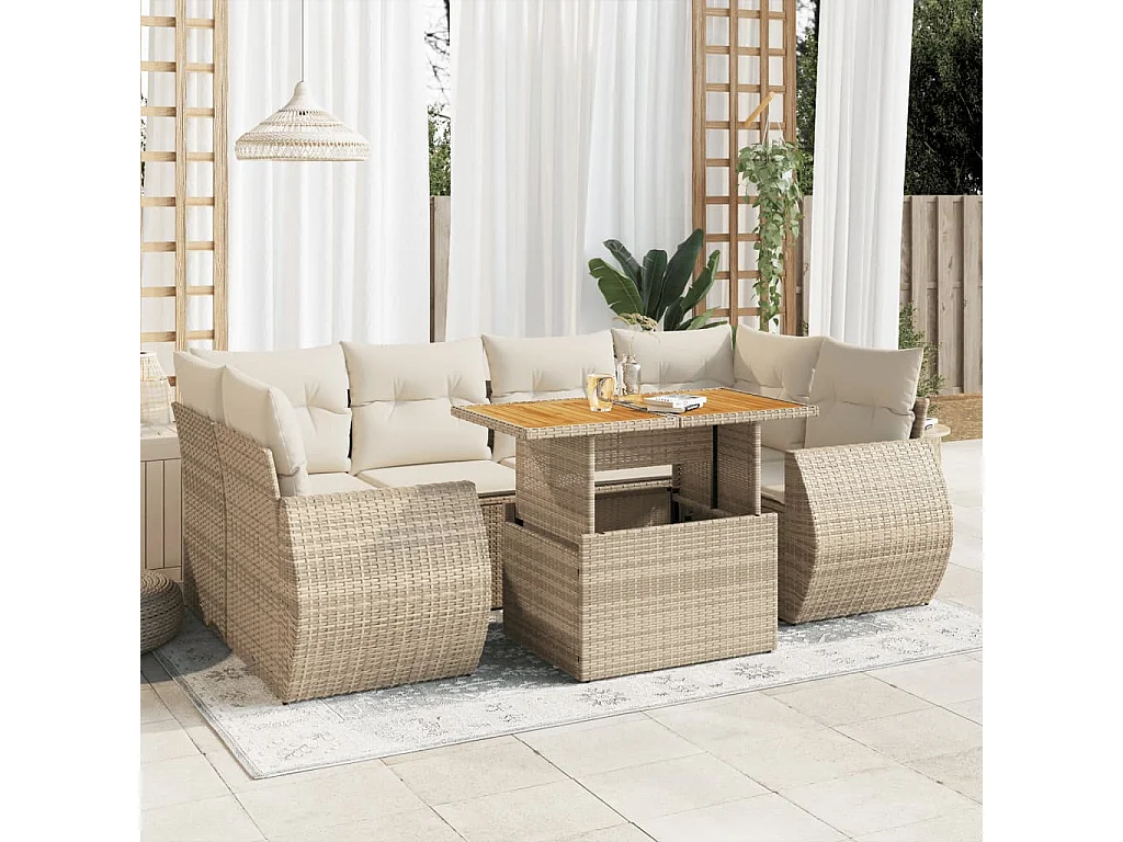 Set sofás de jardín 7 piezas y cojines ratán sintético beige