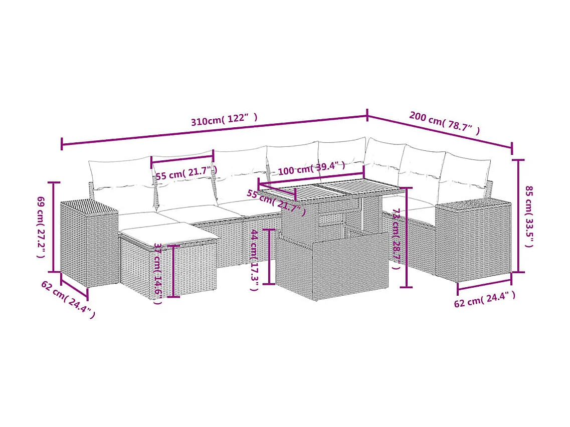 Salon de jardin avec coussins 9 pièces beige résine tressée