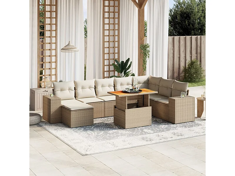 Set de sofás de jardín 9 piezas con cojines ratán sintético beige