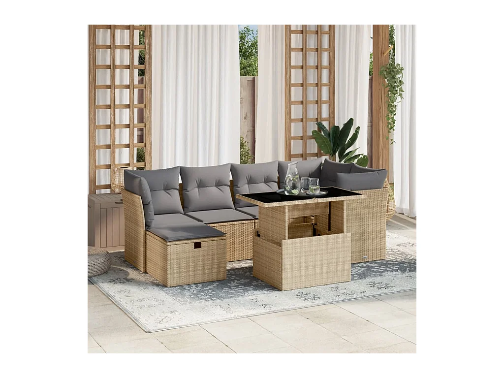 Salon de jardin avec coussins 7 pièces beige résine tressée