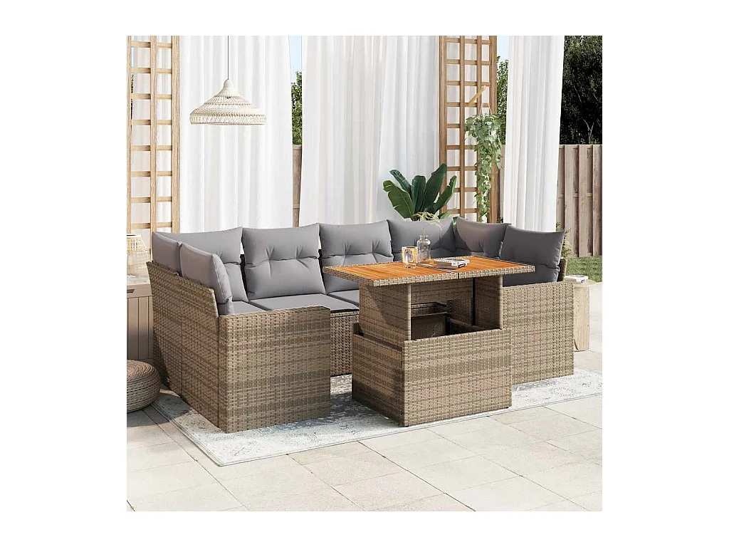 Salon de jardin avec coussins 7 pièces beige résine tressée