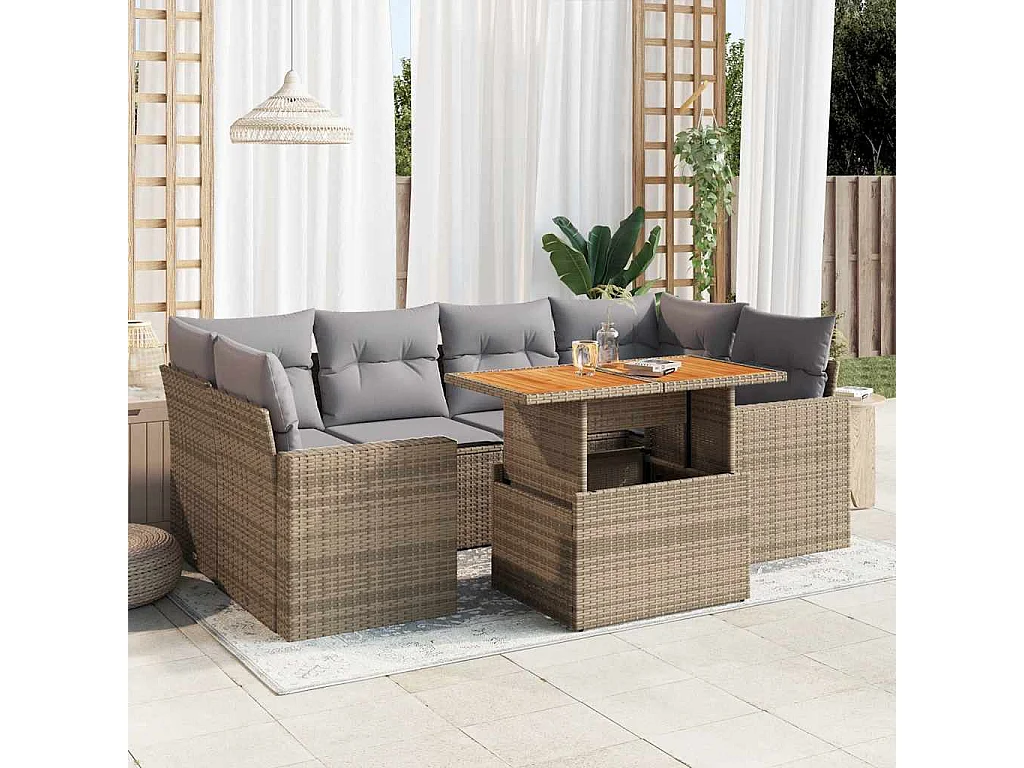 7-delige Loungeset met kussens poly rattan beige