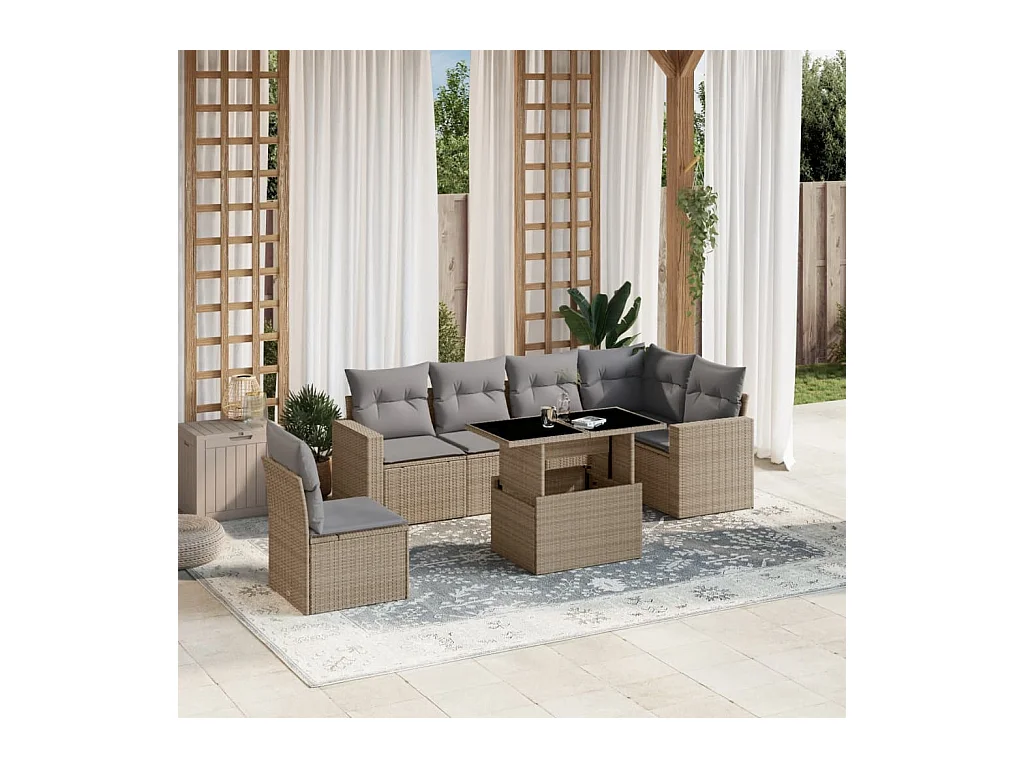 7-delige Loungeset met kussens poly rattan beige