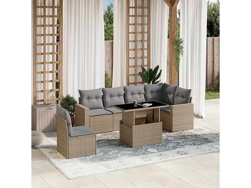 Salon de jardin avec coussins 7 pièces beige résine tressée