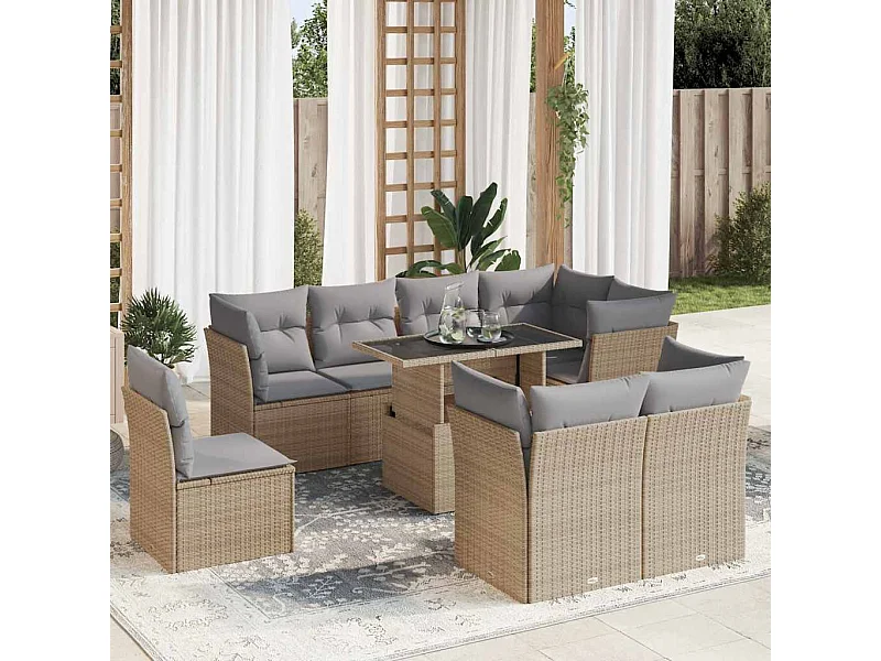 Salon de jardin avec coussins 9 pièces beige résine tressée