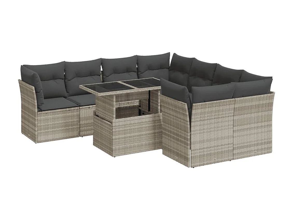 Set muebles jardín 9 piezas y cojines ratán sintético gris claro