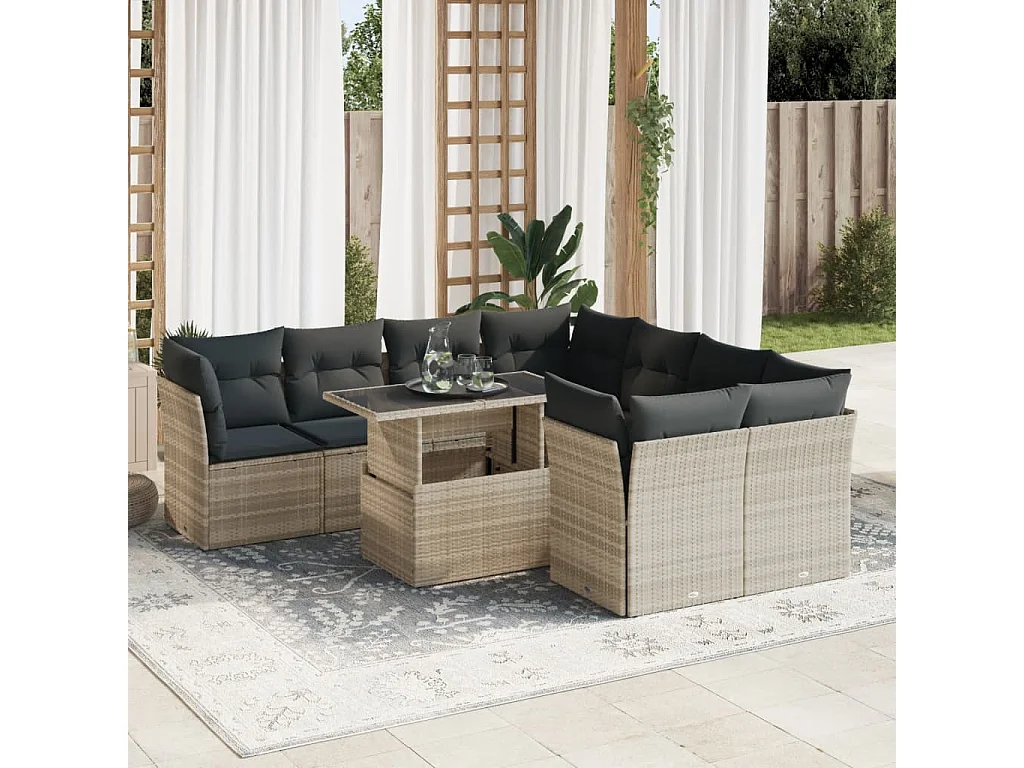 9-delige Loungeset met kussens poly rattan lichtgrijs