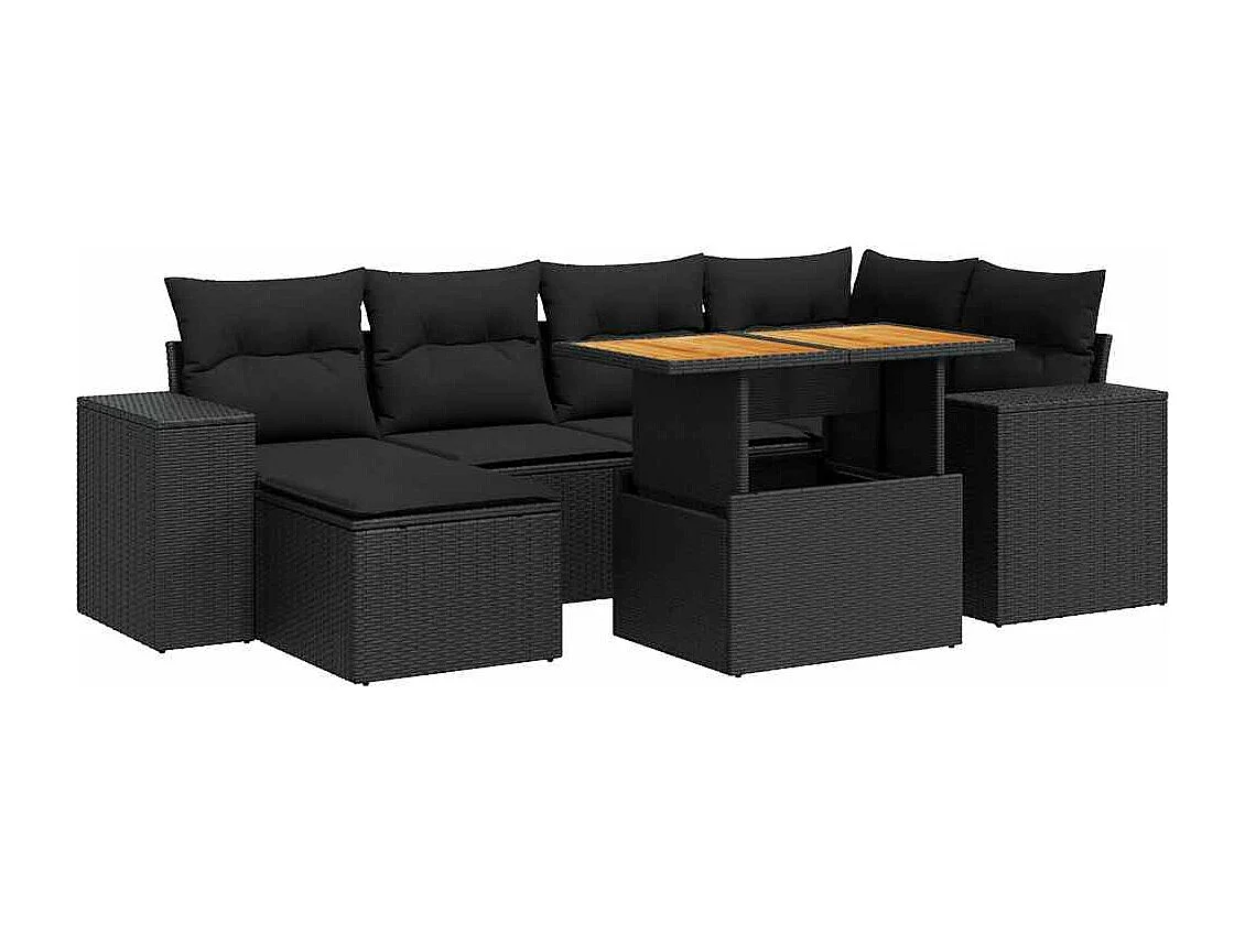 Set de sofás de jardín 7 piezas con cojines ratán sintético negro