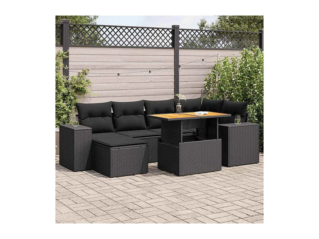 7-delige Loungeset met kussens poly rattan zwart