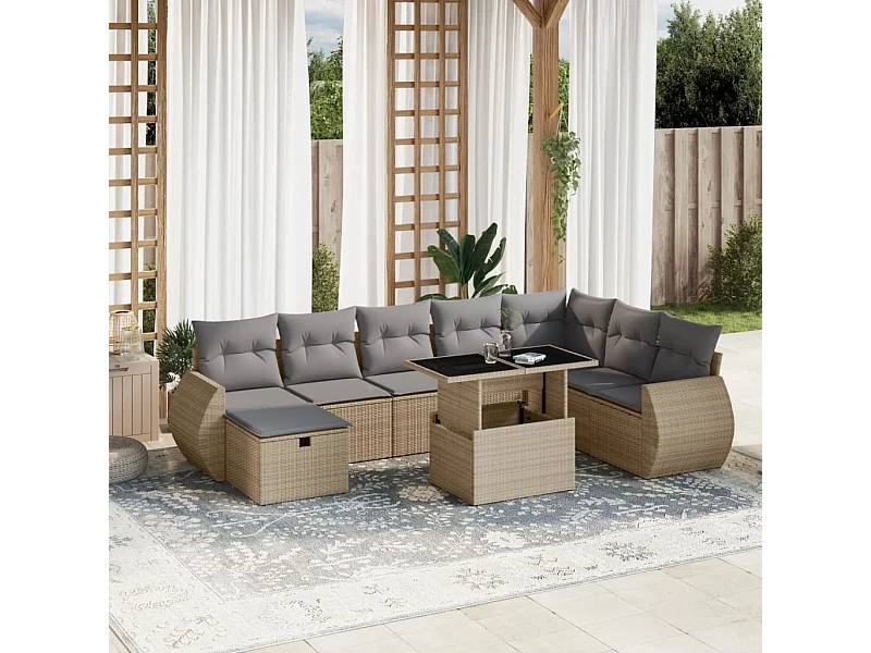 9 peças conjunto de sofás para jardim com almofadões vime PE bege