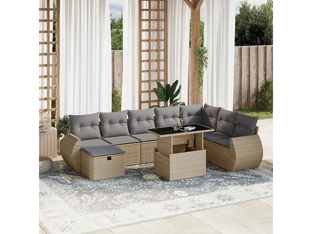 Salon de jardin avec coussins 9 pièces beige résine tressée