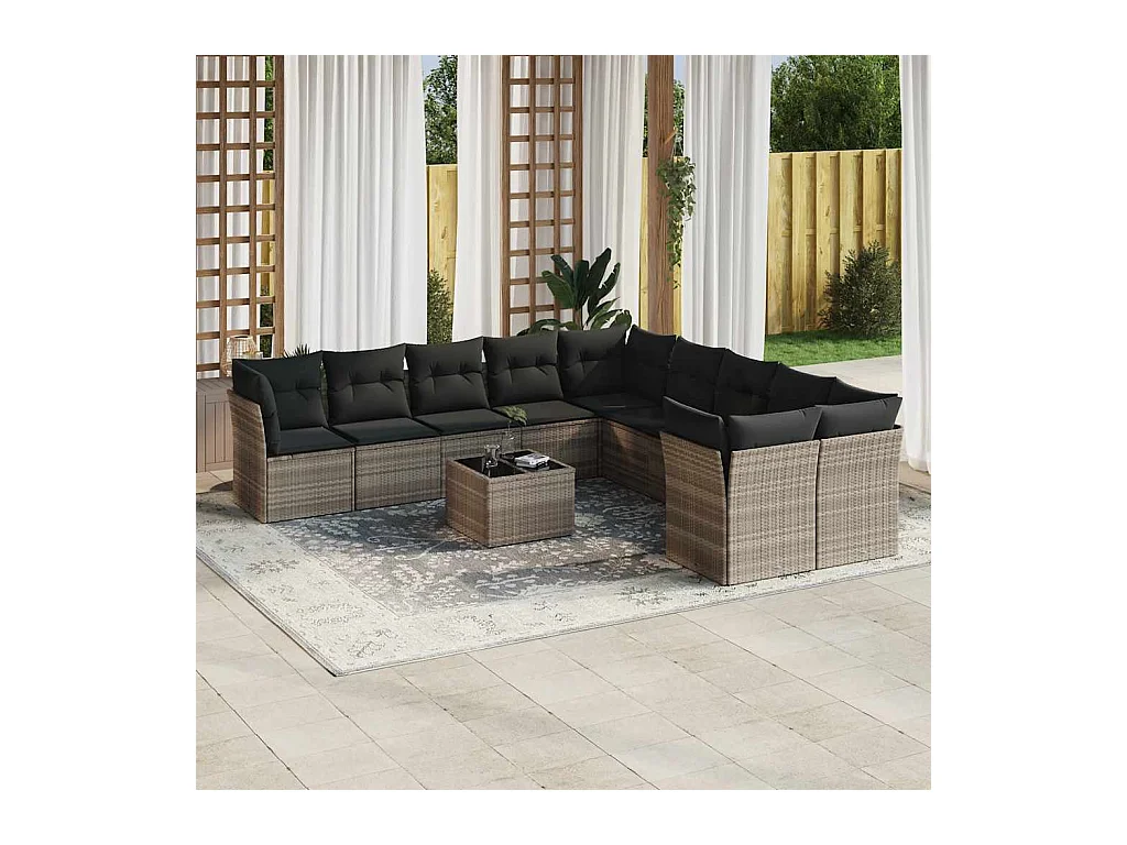 Set de sofás de jardín 11 piezas y cojines ratán sintético gris