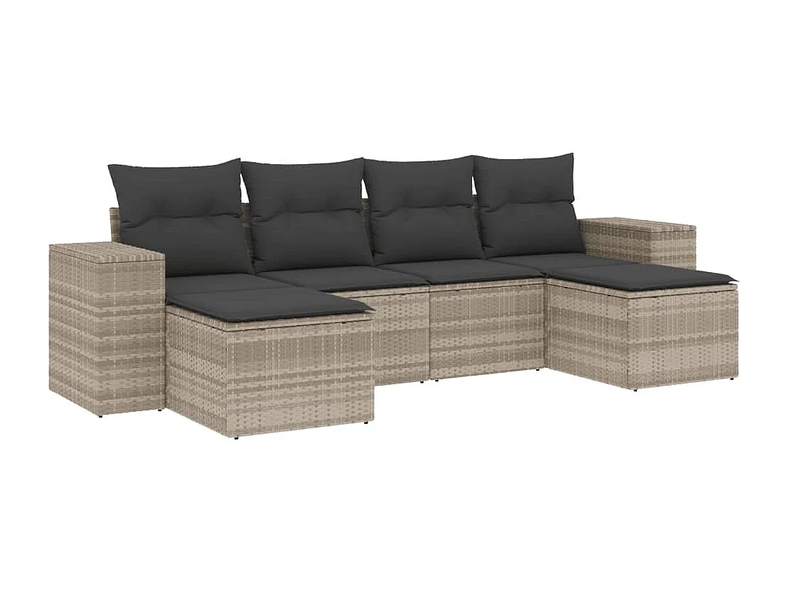 Set de sofás de jardín 6 piezas y cojines ratán sintético gris