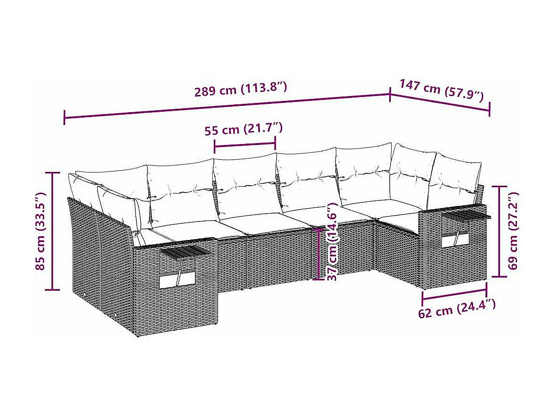 7-delige Loungeset met kussens poly rattan lichtgrijs