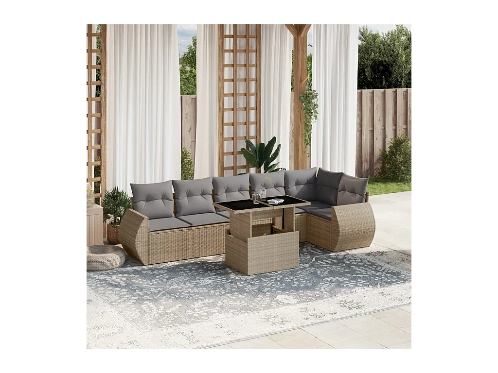 7-delige Loungeset met kussens poly rattan beige