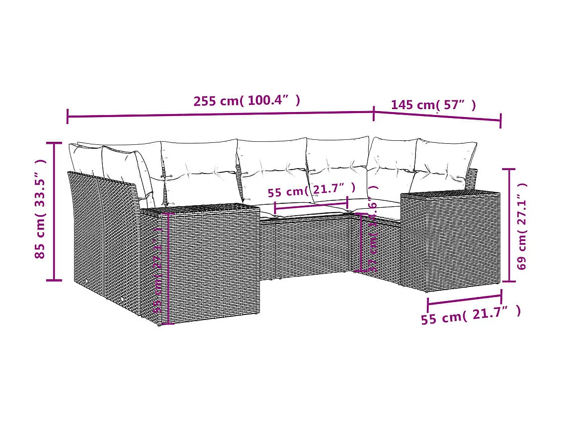 6-delige Loungeset met kussens poly rattan bruin