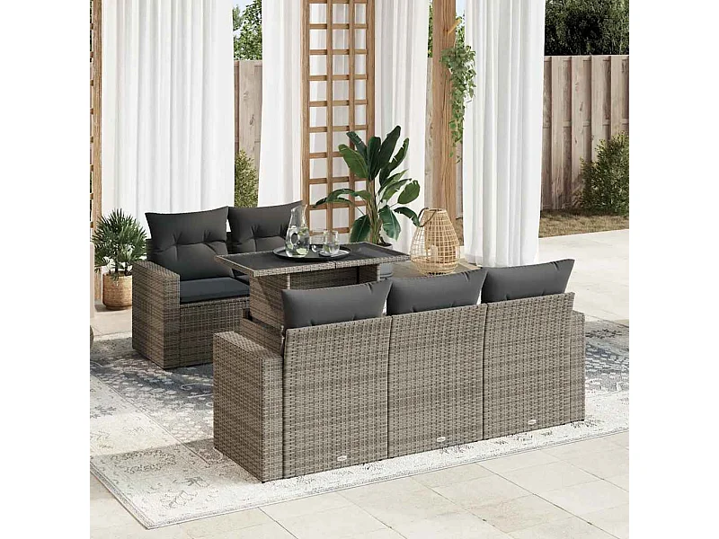 6-delige Loungeset met kussens poly rattan grijs