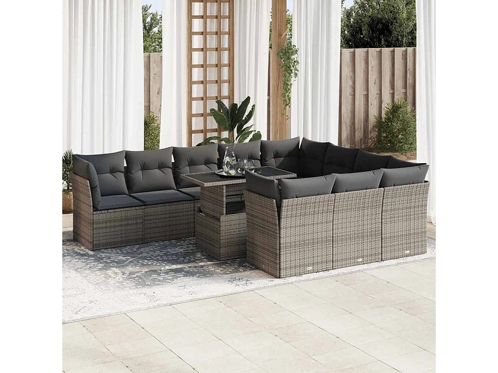 Salon de jardin 11 pièces avec coussins gris résine tressée