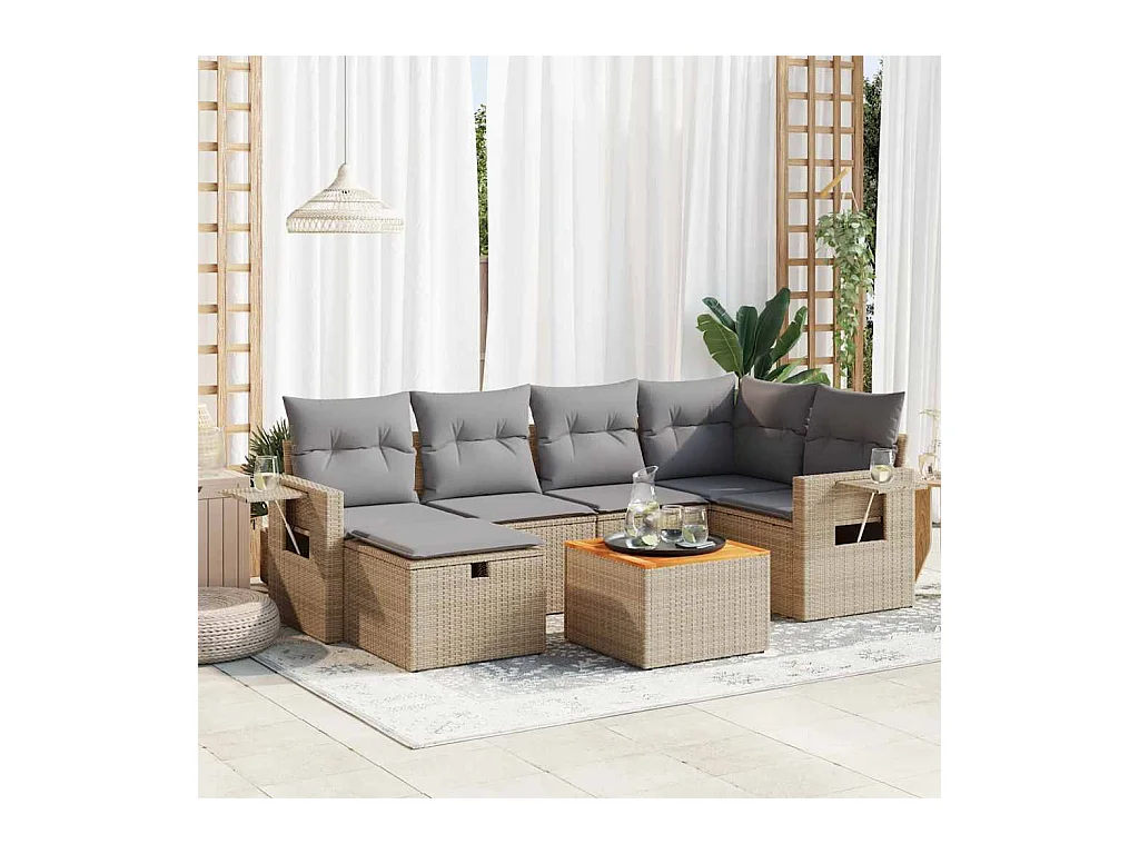 Salon de jardin avec coussins 7 pièces beige résine tressée