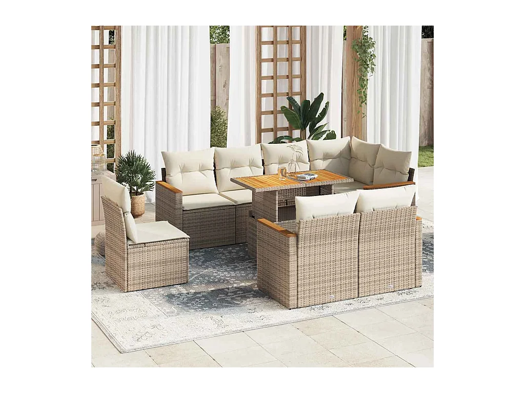 Salon de jardin avec coussins 9 pièces beige résine tressée acacia