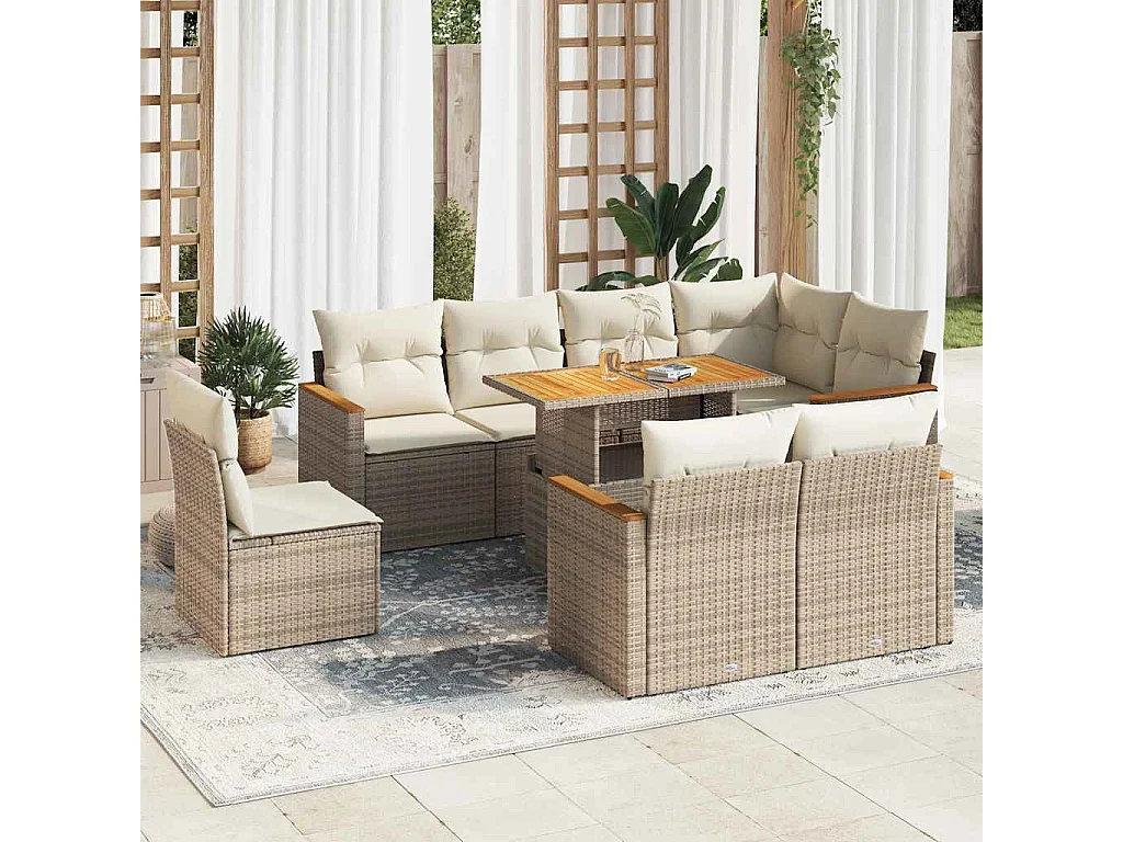 Salon de jardin avec coussins 9 pièces beige résine tressée acacia
