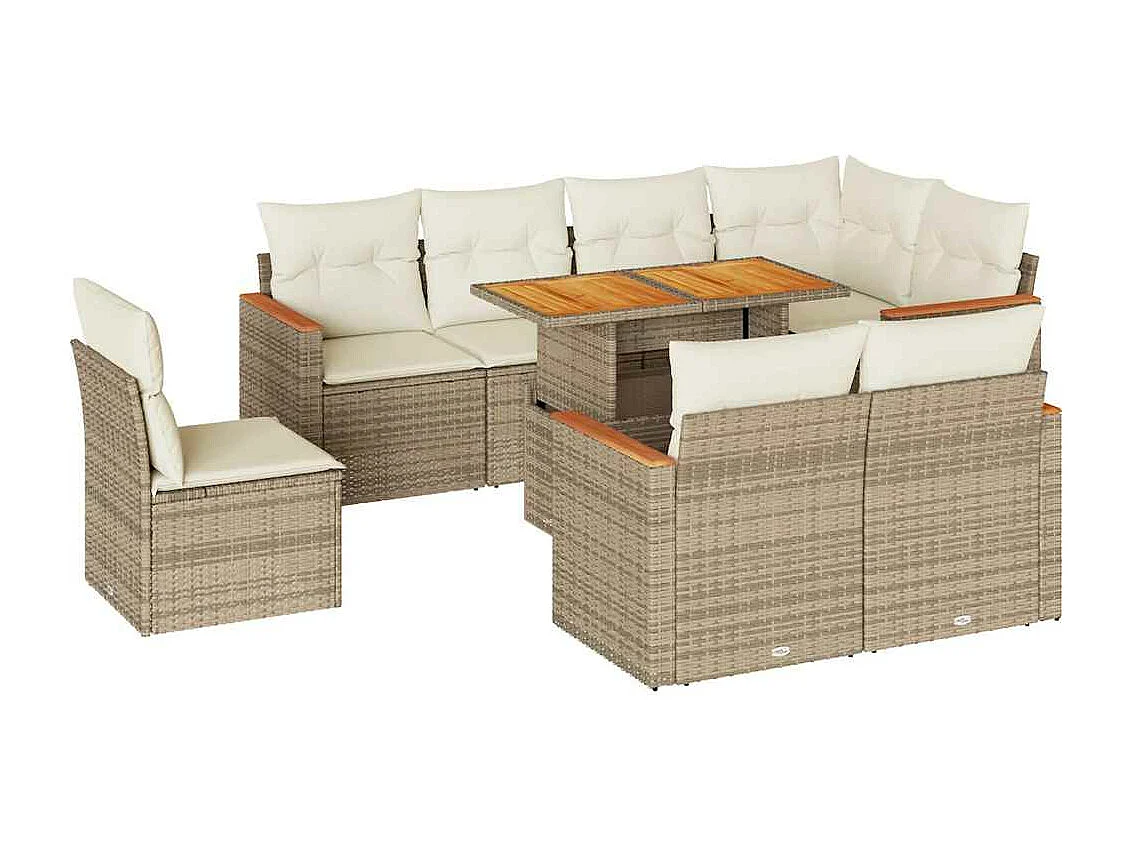 Salon de jardin avec coussins 9 pièces beige résine tressée acacia