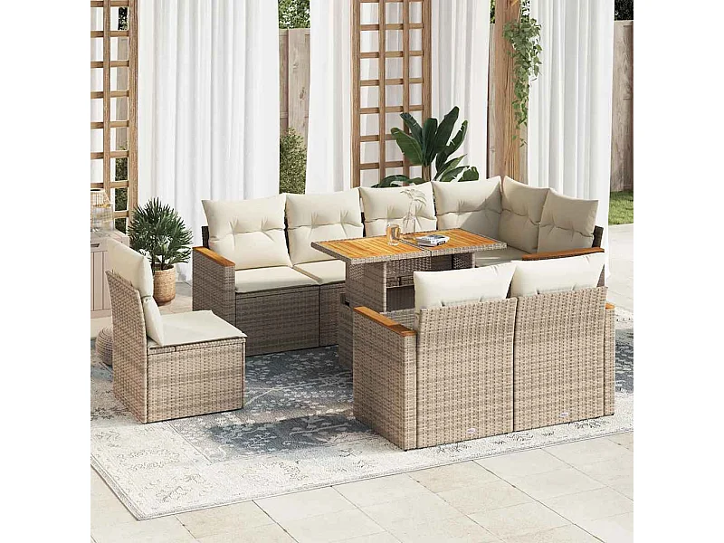 Salon de jardin avec coussins 9 pièces beige résine tressée acacia
