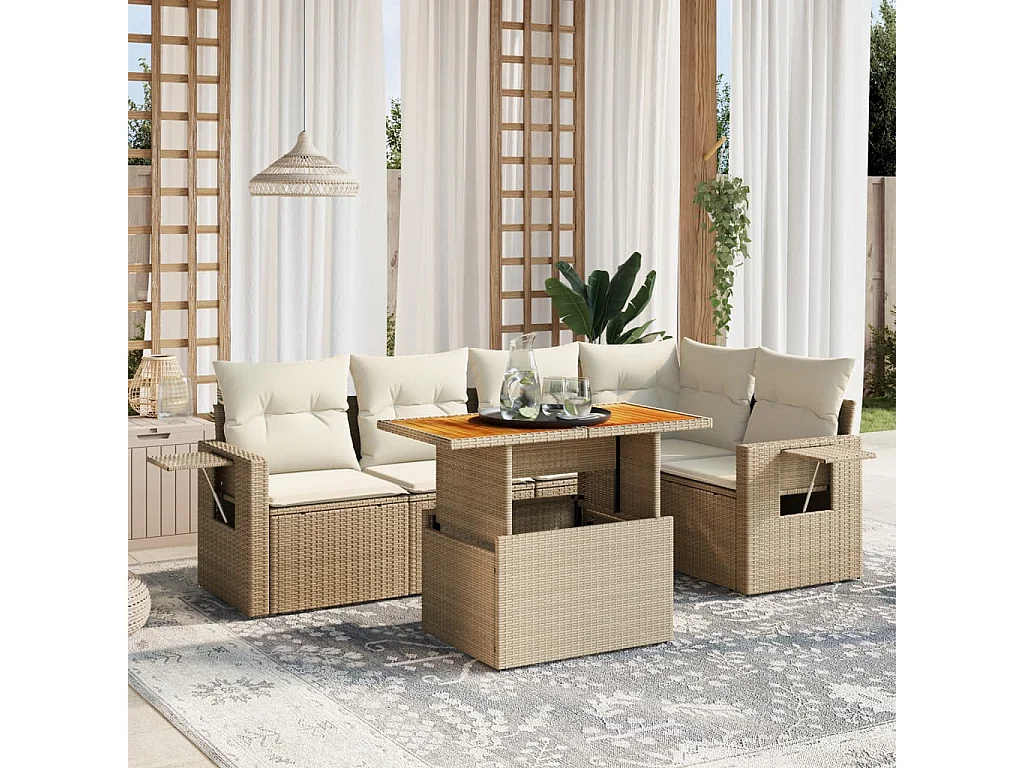 6-delige Loungeset met kussens poly rattan beige