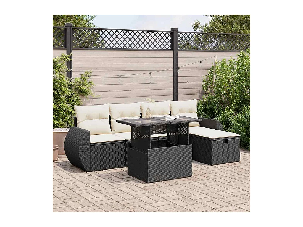 Set de sofás de jardín 6 piezas y cojines ratán sintético negro