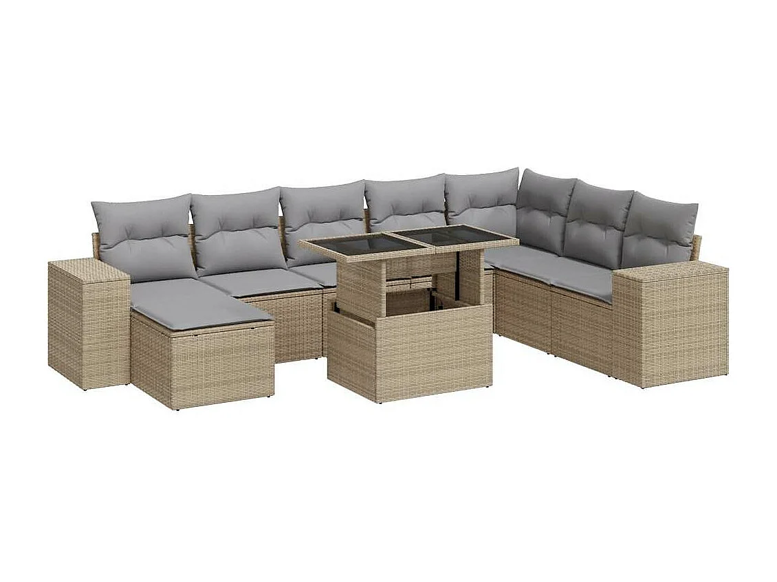 Set de sofás de jardín con cojines 9 piezas ratán sintético beige
