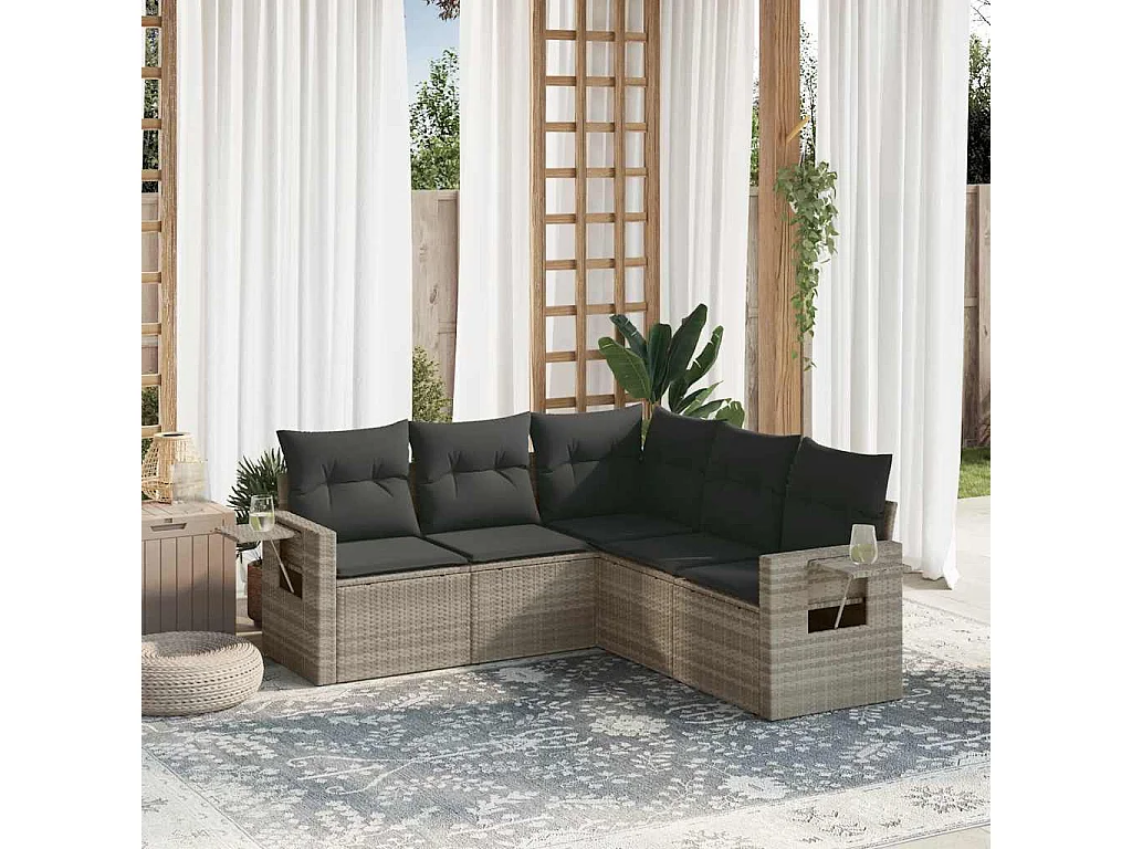 Salon de jardin 5 pièces avec coussins gris clair résine tressée