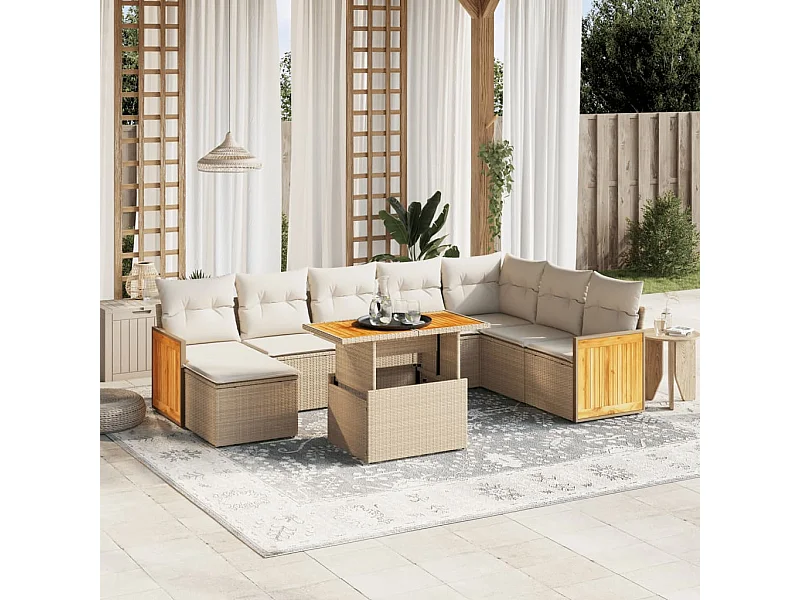 Salon de jardin avec coussins 9 pièces beige résine tressée