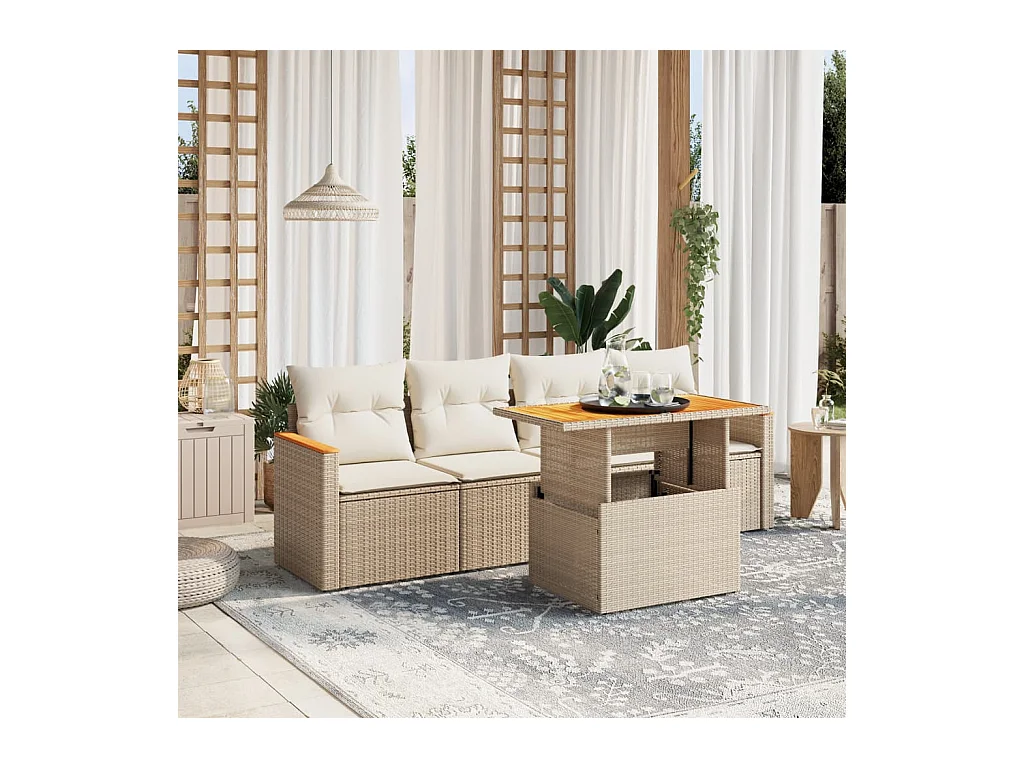 Salon de jardin avec coussins 5 pièces beige résine tressée