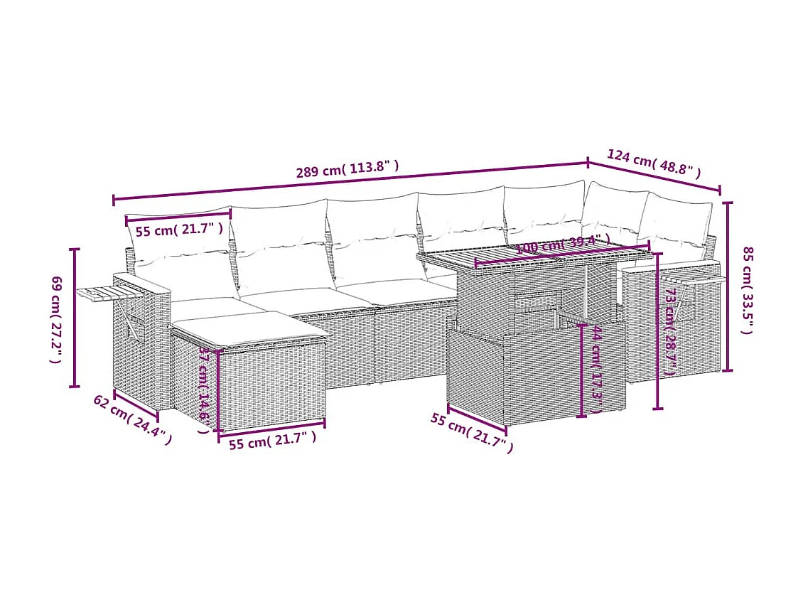 8 peças conjunto de sofás para jardim com almofadões vime PE bege