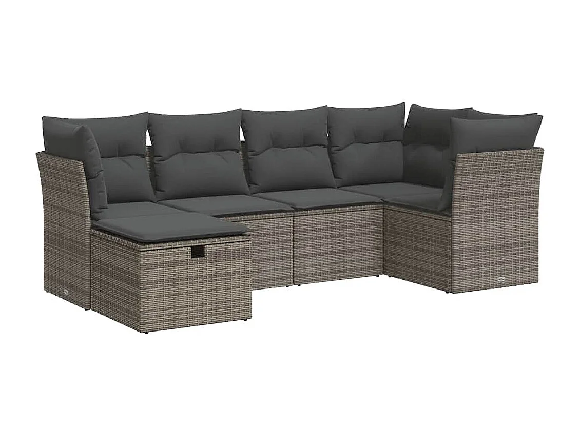 Set de muebles de jardín 6 piezas y cojines ratán sintético gris