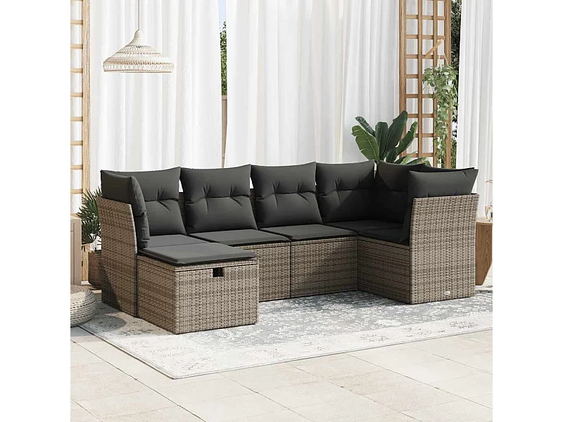 Salon de jardin 6 pièces avec coussins gris résine tressée