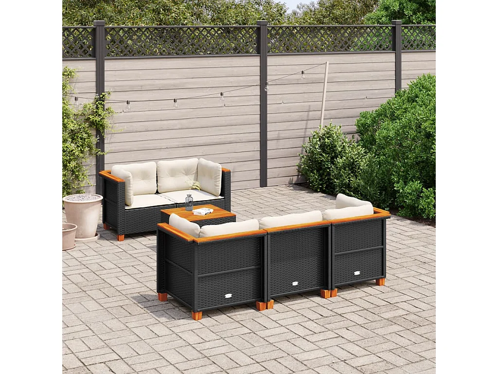 Set de sofás de jardín 6 piezas y cojines ratán sintético negro