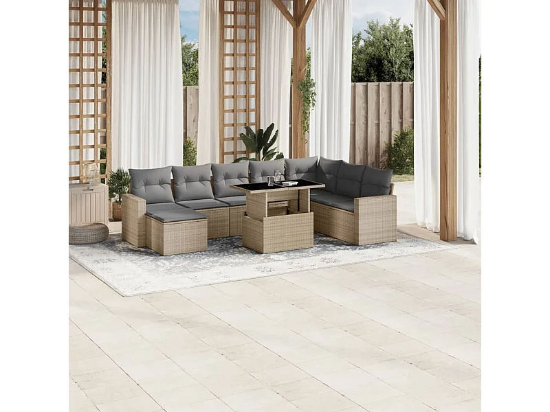 Set de sofás de jardín 9 piezas con cojines ratán sintético beige