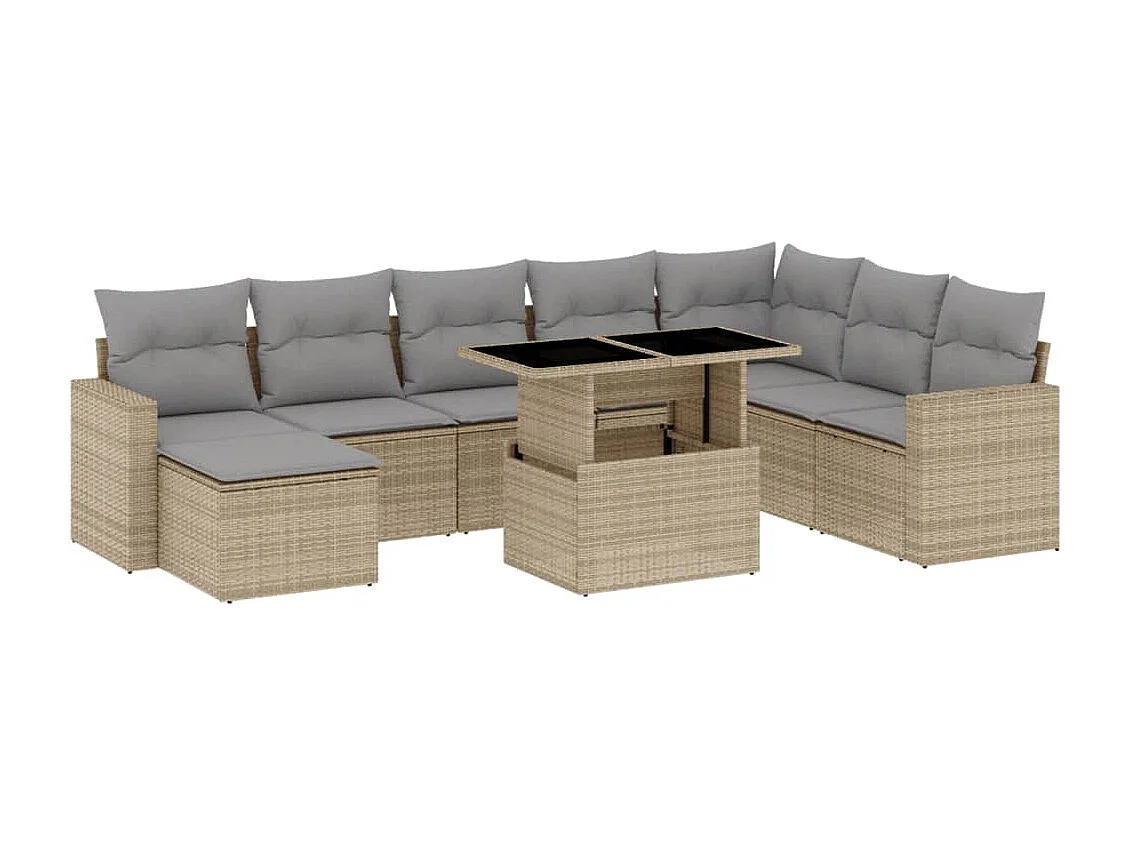 Set de sofás de jardín 9 piezas con cojines ratán sintético beige