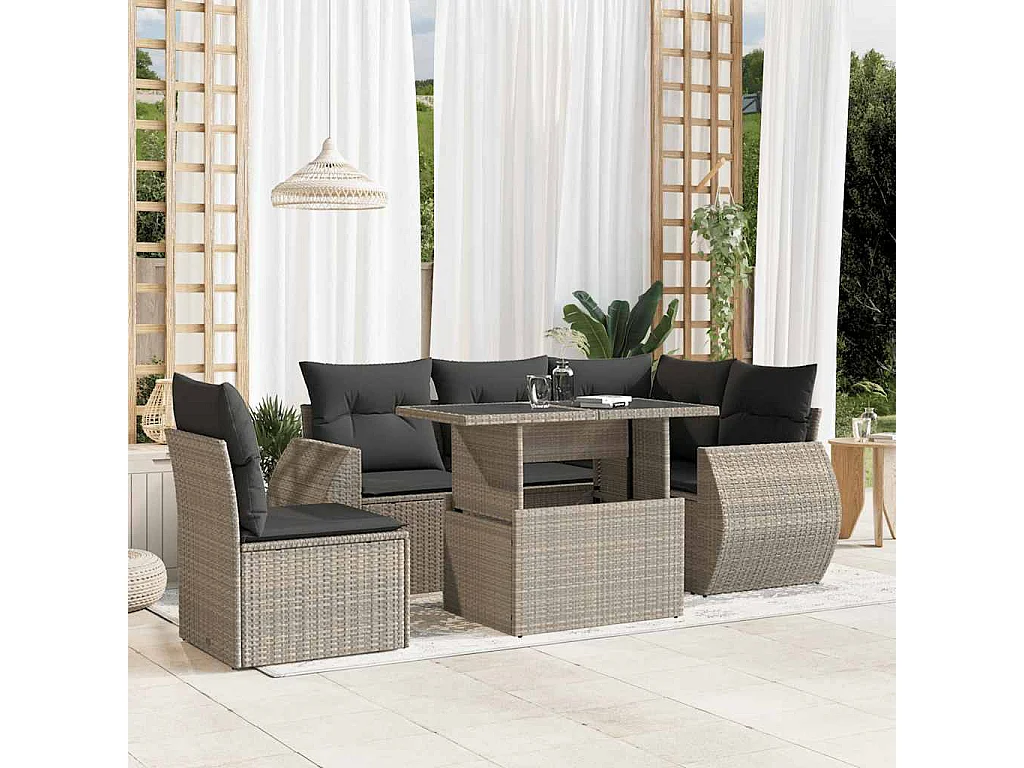 Salon de jardin 6 pièces avec coussins gris clair résine tressée