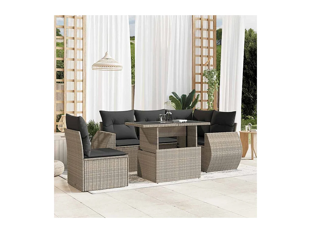 Salon de jardin 6 pièces avec coussins gris clair résine tressée