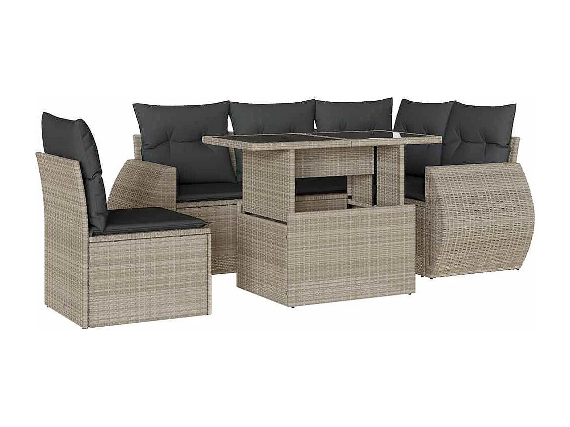 Salon de jardin 6 pièces avec coussins gris clair résine tressée